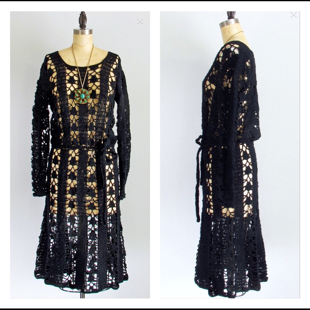 *SOLD ON ETSY*Vintage 70s Boho Black Crochet Lace Midi Dress